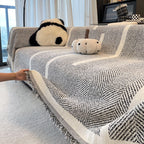 Herringbone Pattern Fringed Chenille Sofa Throw Cover