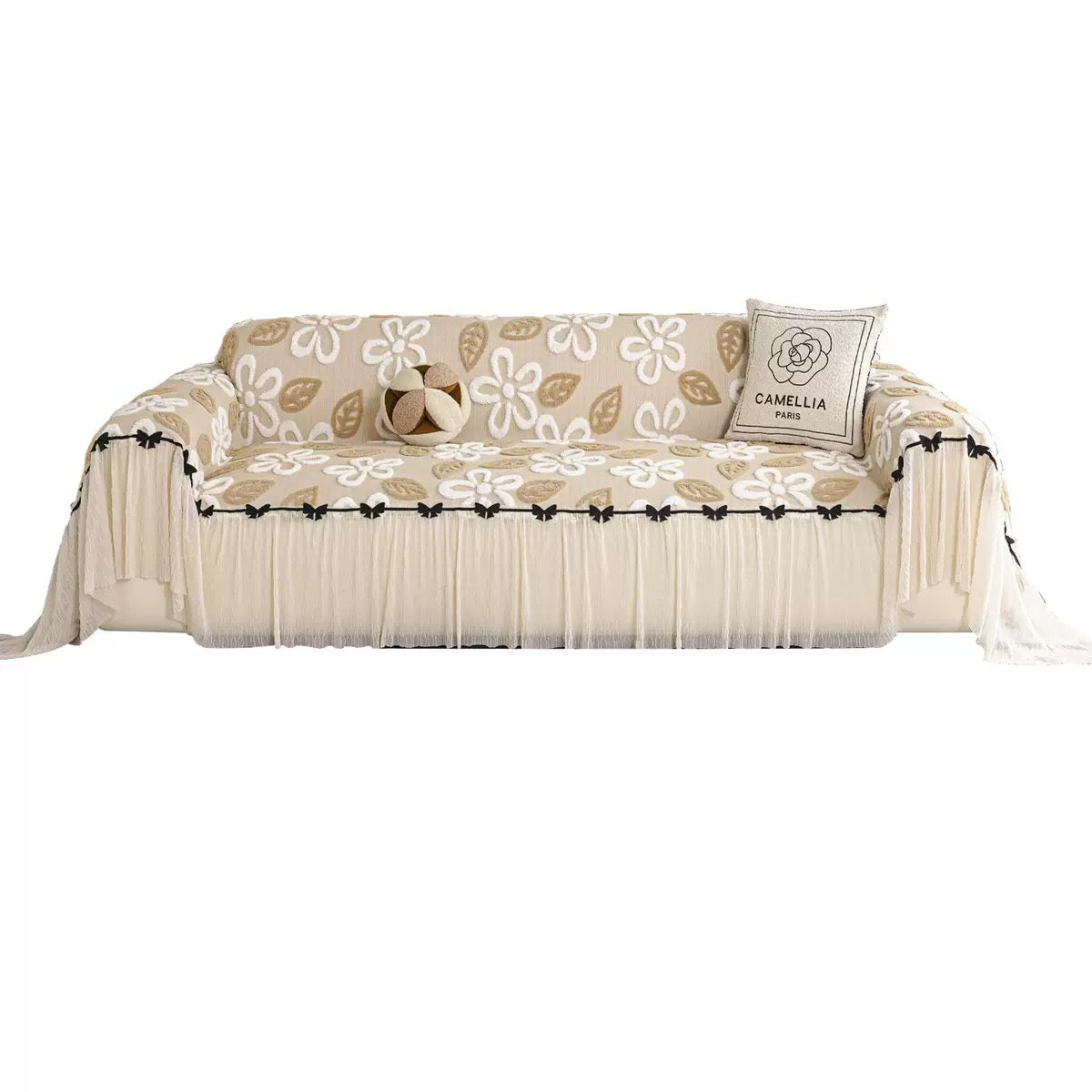 Vintage Floral Chenille Sofa Cover – 3D Tufted Couch Slipcover with Ruffle Skirt & Bows